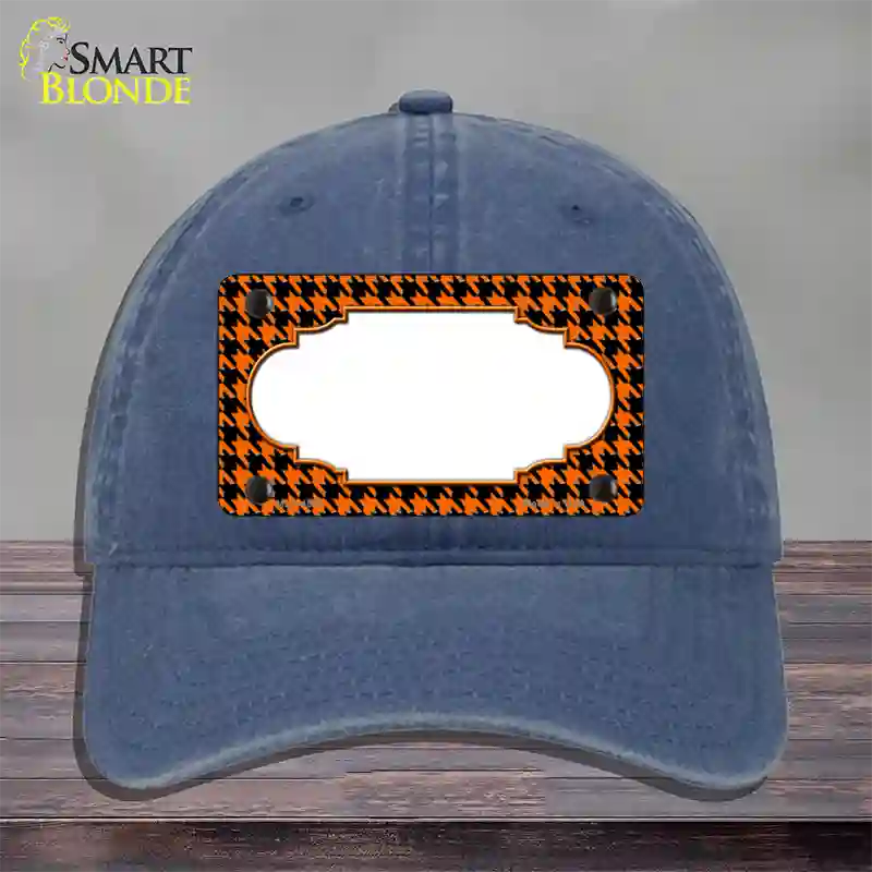 Orange Black Houndstooth Scallop Center Novelty License Plate Hat Unconstructed Cotton / Navy