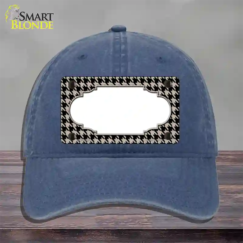 Tan Black Houndstooth Scallop Center Novelty License Plate Hat Unconstructed Cotton / Navy