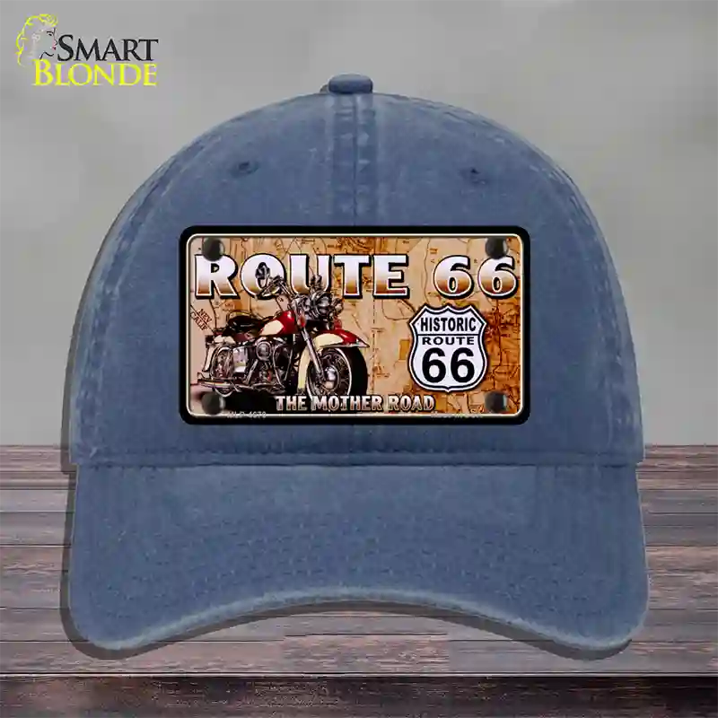 Route 66 Mother Road Motorcycle Novelty License Plate Hat Unconstructed Cotton / Navy