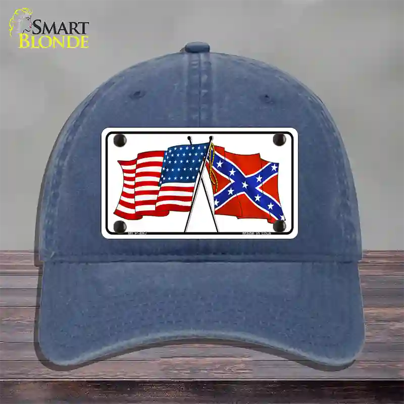 Confederate USA Crossed Flags Novelty License Plate Hat Unconstructed Cotton / Navy