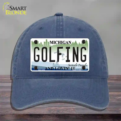 Golfing Michigan State Novelty License Plate Hat Unconstructed Cotton / Navy