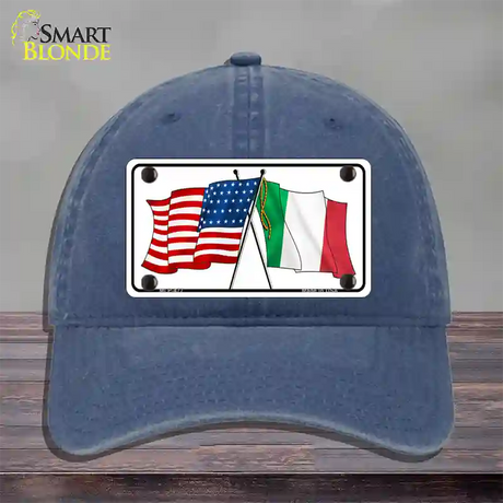 United States Italy Crossed Flags Novelty License Plate Hat Unconstructed Cotton / Navy