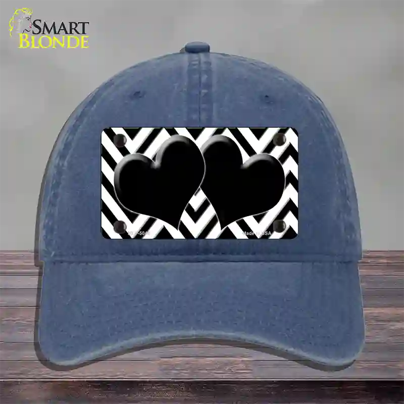 White Black Chevon Hearts Novelty License Plate Hat Unconstructed Cotton / Navy