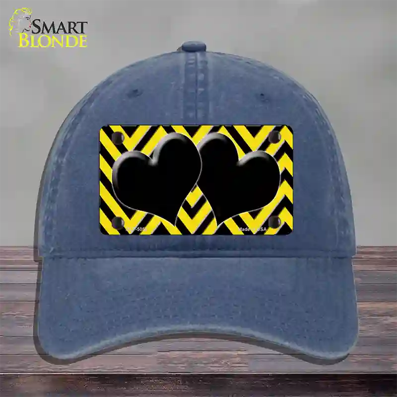 Yellow Black Chevon Hearts Novelty License Plate Hat Unconstructed Cotton / Navy