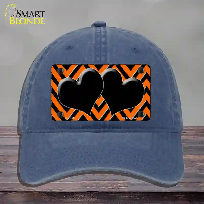 Orange Black Chevon Hearts Novelty License Plate Hat Unconstructed Cotton / Navy