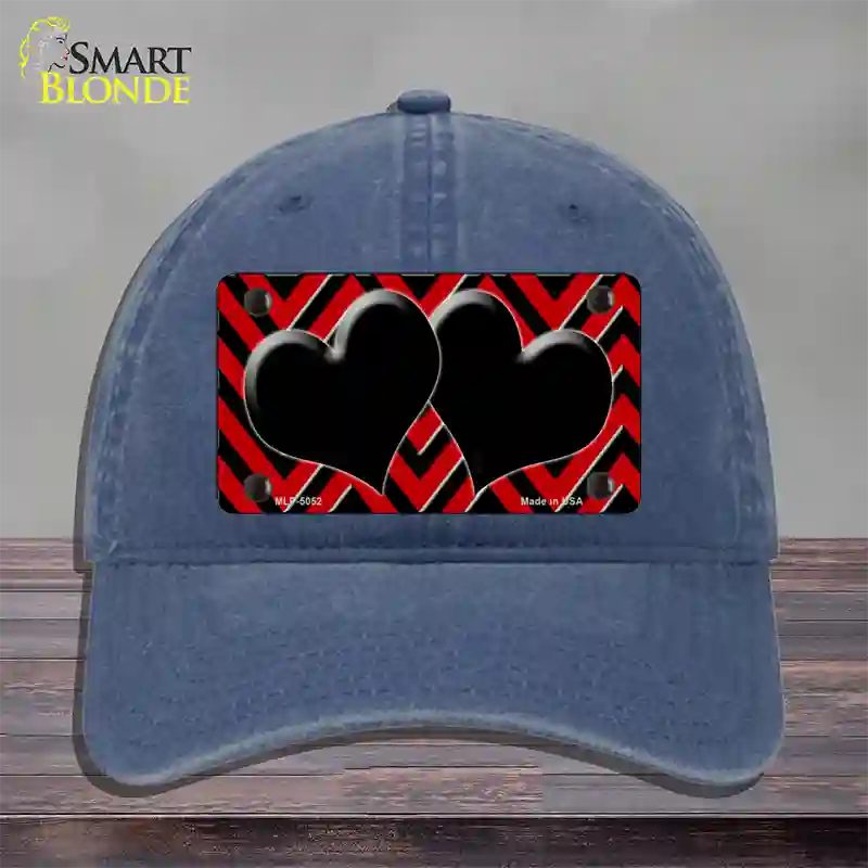 Red Black Chevon Hearts Novelty License Plate Hat Unconstructed Cotton / Navy