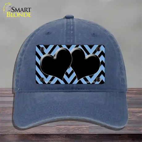 Light Blue Black Chevon Hearts Novelty License Plate Hat Unconstructed Cotton / Navy