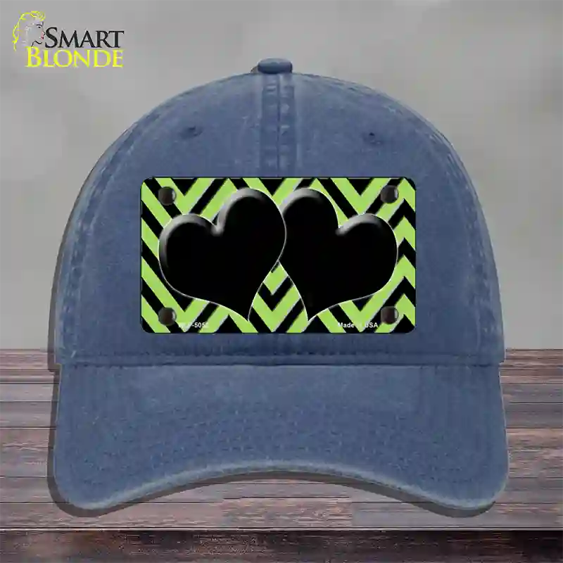 Lime Green Black Chevon Hearts Novelty License Plate Hat Unconstructed Cotton / Navy