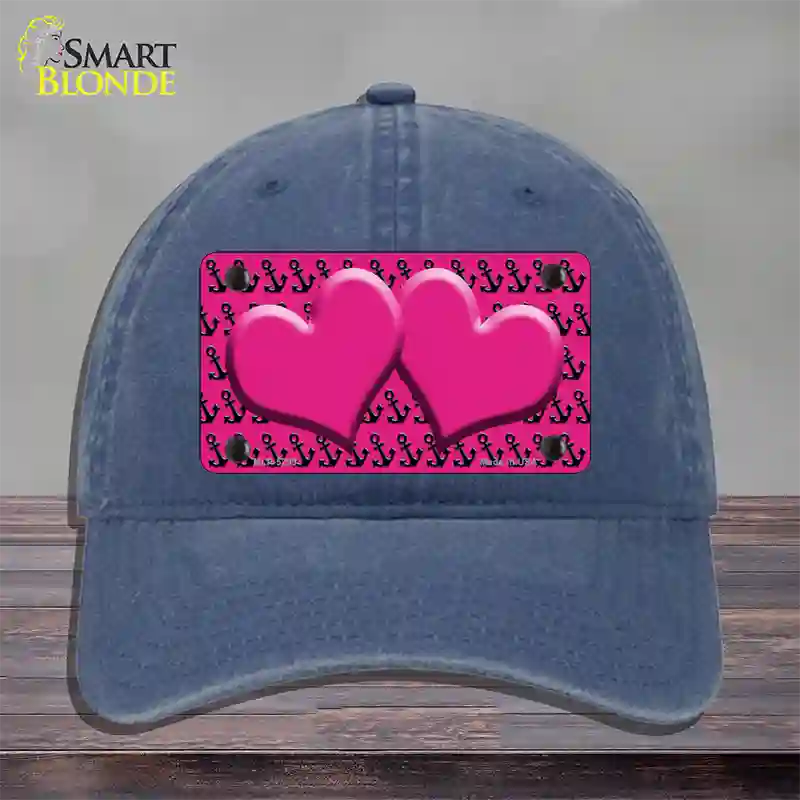 Pink Black Anchor Pink Heart Center Novelty License Plate Hat Unconstructed Cotton / Navy