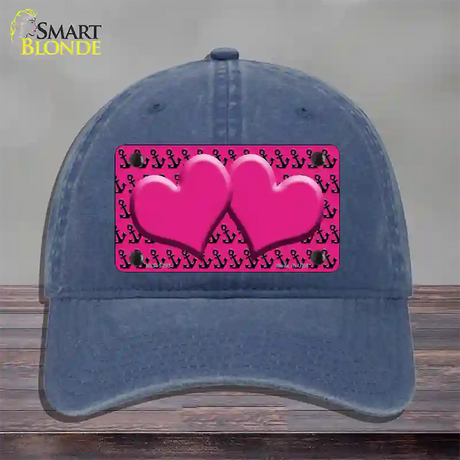 Pink Black Anchor Pink Heart Center Novelty License Plate Hat Unconstructed Cotton / Navy