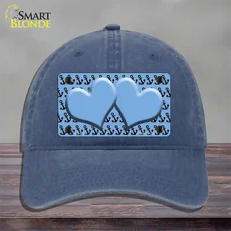 Light Blue Black Anchor Light Blue Heart Center Novelty License Plate Hat Unconstructed Cotton / Navy