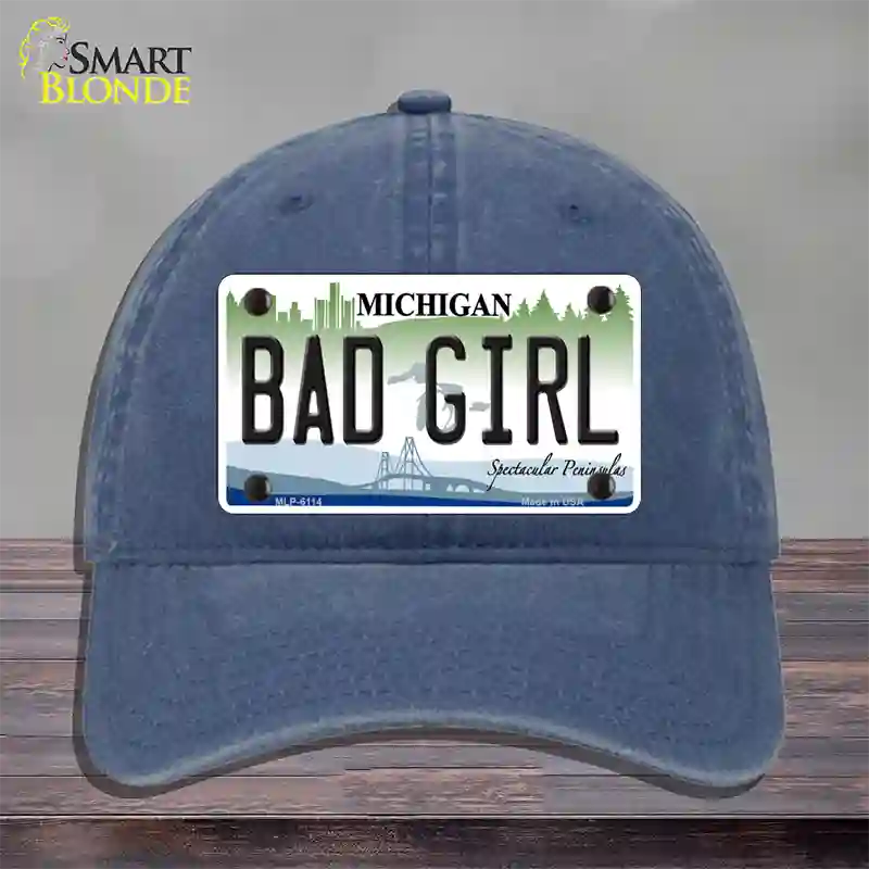 Bad Girl Michigan Novelty License Plate Hat Unconstructed Cotton / Navy