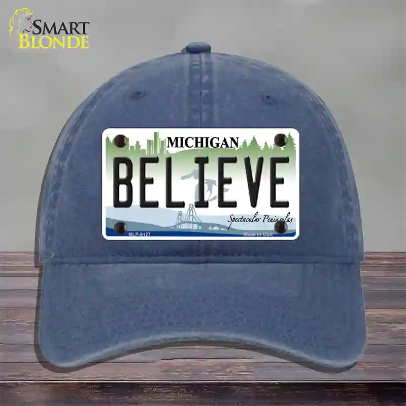 Believe Michigan Novelty License Plate Hat Unconstructed Cotton / Navy