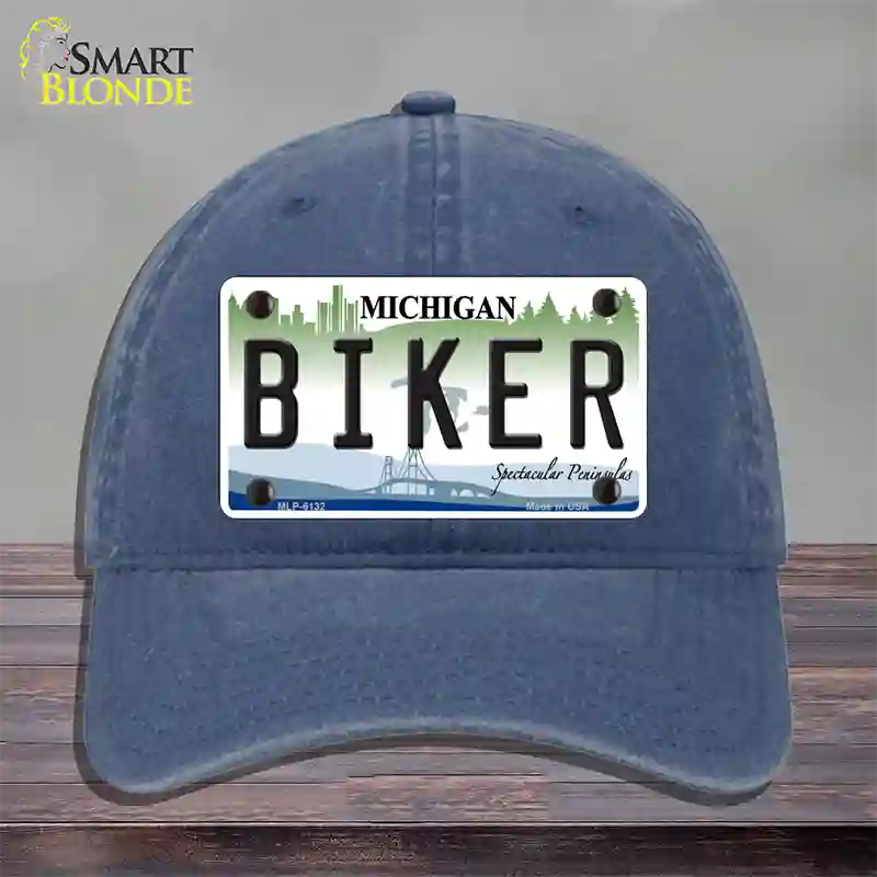 Biker Michigan Novelty License Plate Hat Unconstructed Cotton / Navy