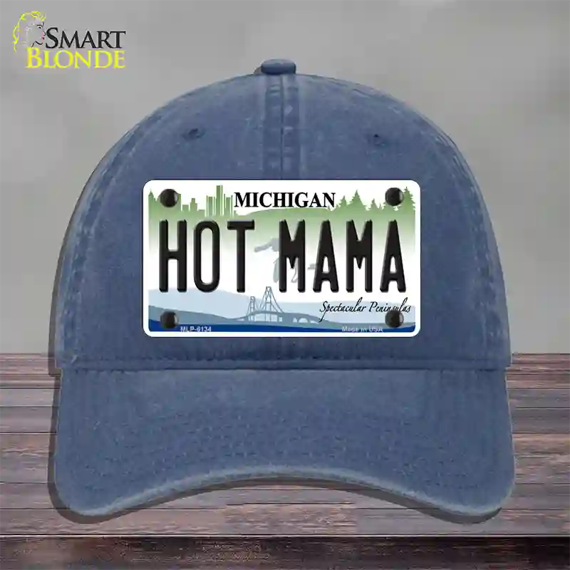 Hot Mama Michigan Novelty License Plate Hat Unconstructed Cotton / Navy