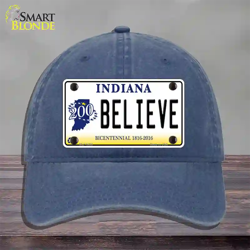 Believe Indiana Novelty License Plate Hat Unconstructed Cotton / Navy