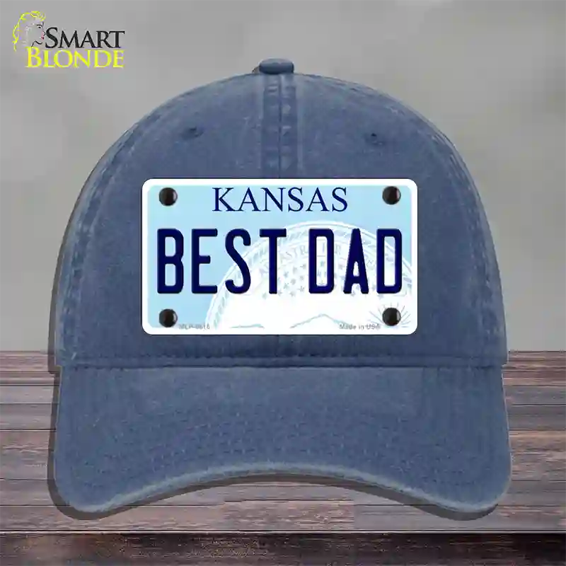 Best Dad Kansas Novelty License Plate Hat Unconstructed Cotton / Navy