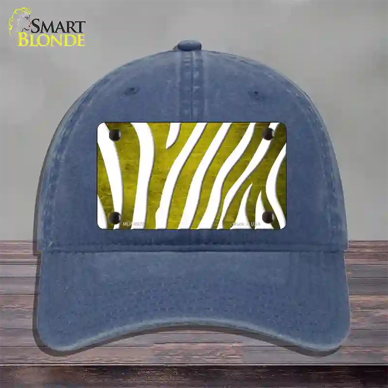 Yellow White Zebra Oil Rubbed Novelty License Plate Hat Unconstructed Cotton / Navy