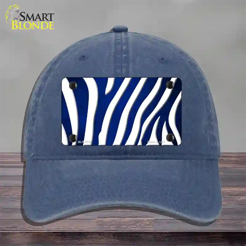 Blue White Zebra Oil Rubbed Novelty License Plate Hat Unconstructed Cotton / Navy