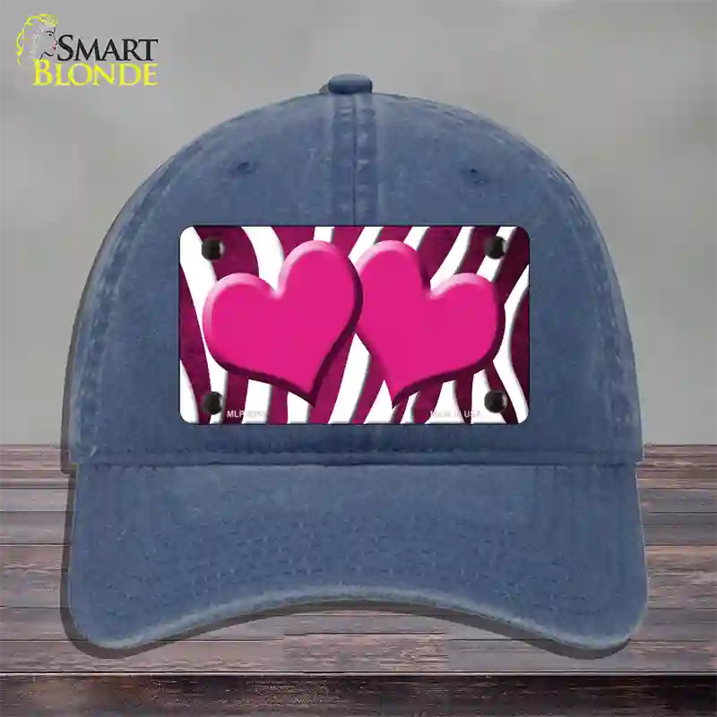 Pink White Zebra Hearts Oil Rubbed Novelty License Plate Hat Unconstructed Cotton / Navy