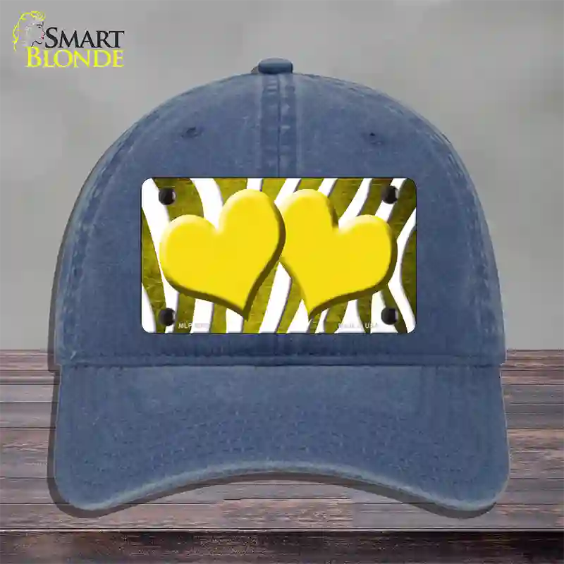 Yellow White Zebra Hearts Oil Rubbed Novelty License Plate Hat Unconstructed Cotton / Navy