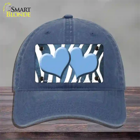 Light Blue White Zebra Hearts Oil Rubbed Novelty License Plate Hat Unconstructed Cotton / Navy