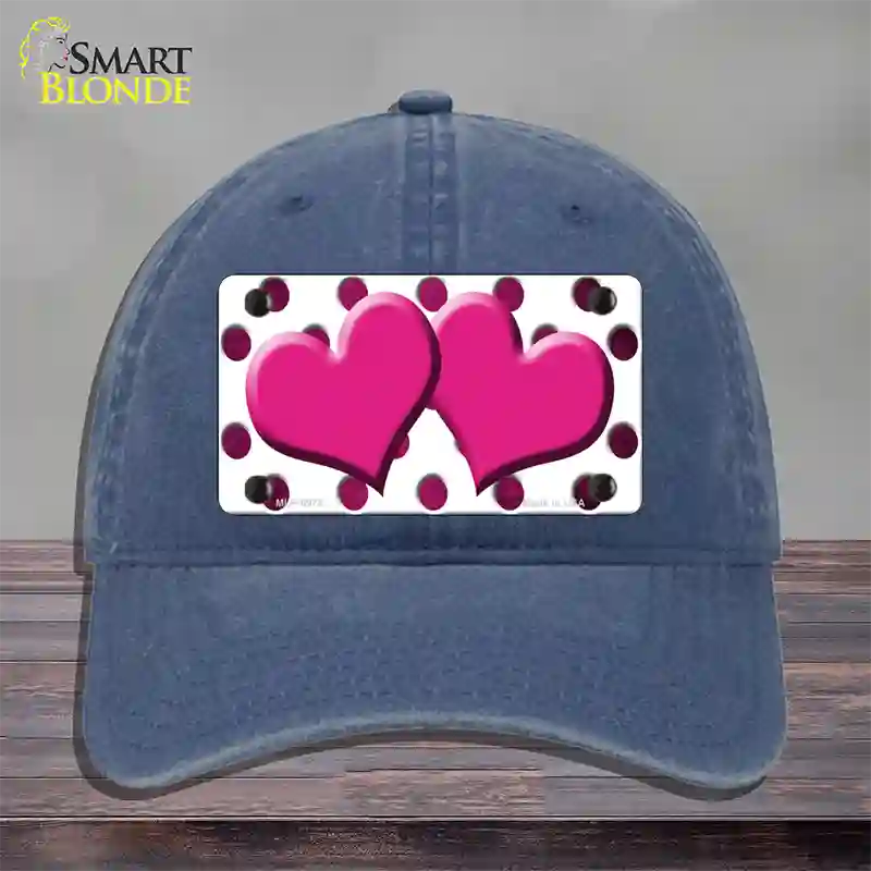 Pink White Dots Hearts Oil Rubbed Novelty License Plate Hat Unconstructed Cotton / Navy