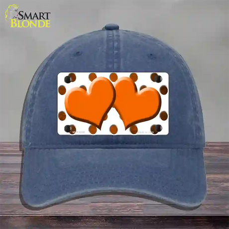 Orange White Dots Hearts Oil Rubbed Novelty License Plate Hat Unconstructed Cotton / Navy