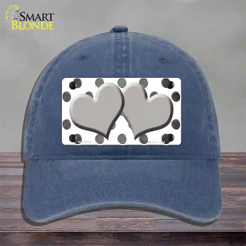 Gray White Dots Hearts Oil Rubbed Novelty License Plate Hat Unconstructed Cotton / Navy