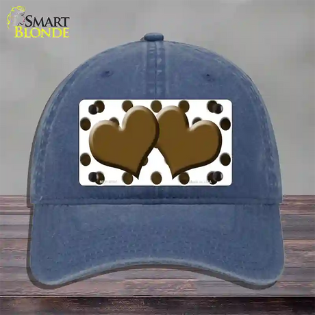 Brown White Dots Hearts Oil Rubbed Novelty License Plate Hat Unconstructed Cotton / Navy