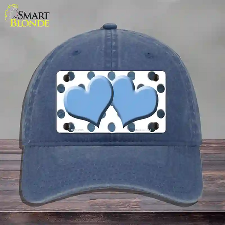 Light Blue White Dots Hearts Oil Rubbed Novelty License Plate Hat Unconstructed Cotton / Navy