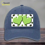 Lime Green White Dots Hearts Oil Rubbed Novelty License Plate Hat Unconstructed Cotton / Navy