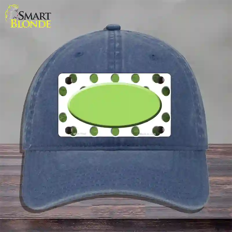 Lime Green White Dots Oval Oil Rubbed Novelty License Plate Hat Unconstructed Cotton / Navy