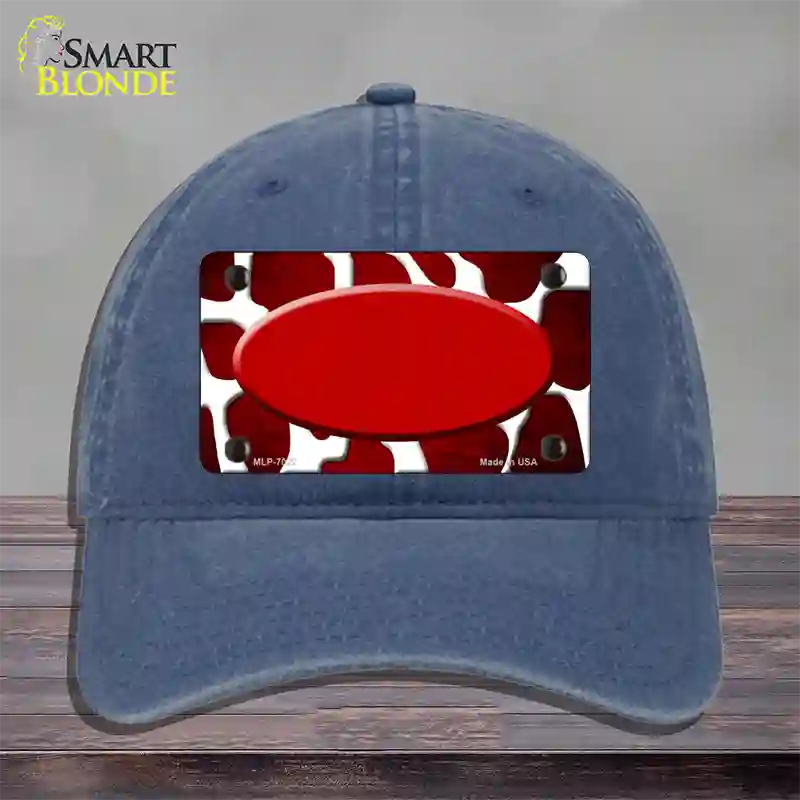 Red White Oval Giraffe Oil Rubbed Novelty License Plate Hat Unconstructed Cotton / Navy