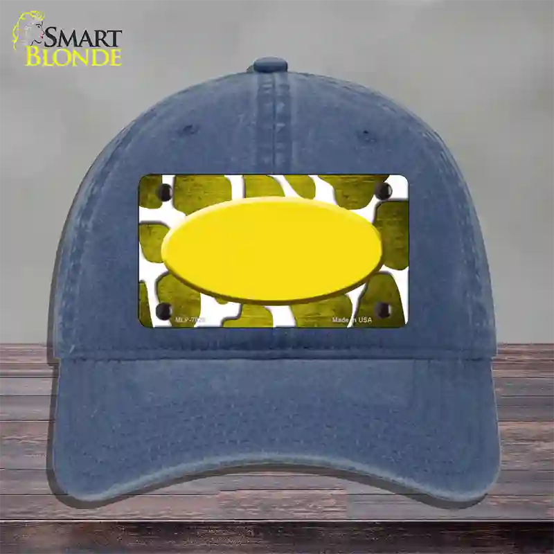 Yellow White Oval Giraffe Oil Rubbed Novelty License Plate Hat Unconstructed Cotton / Navy