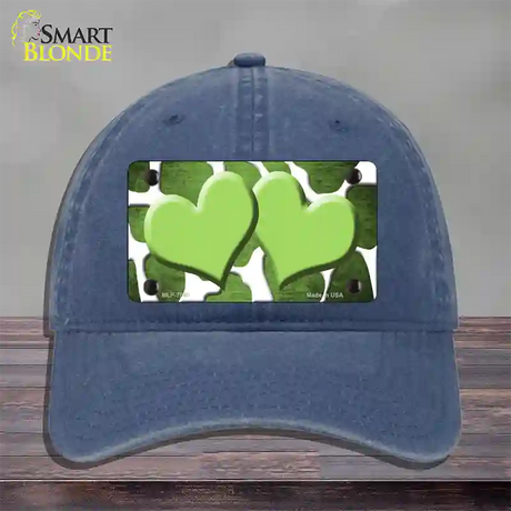 Lime Green White Hearts Giraffe Oil Rubbed Novelty License Plate Hat Unconstructed Cotton / Navy