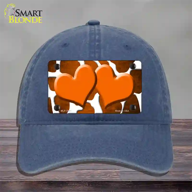 Orange White Hearts Giraffe Oil Rubbed Novelty License Plate Hat Unconstructed Cotton / Navy