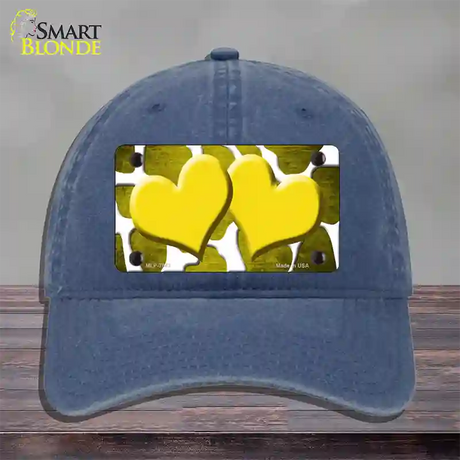 Yellow White Hearts Giraffe Oil Rubbed Novelty License Plate Hat Unconstructed Cotton / Navy