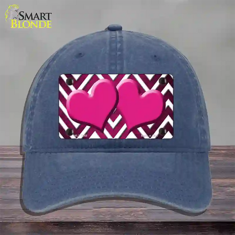 Pink White Hearts Chevron Oil Rubbed Novelty License Plate Hat Unconstructed Cotton / Navy