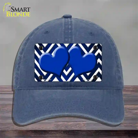 Blue White Hearts Chevron Oil Rubbed Novelty License Plate Hat Unconstructed Cotton / Navy