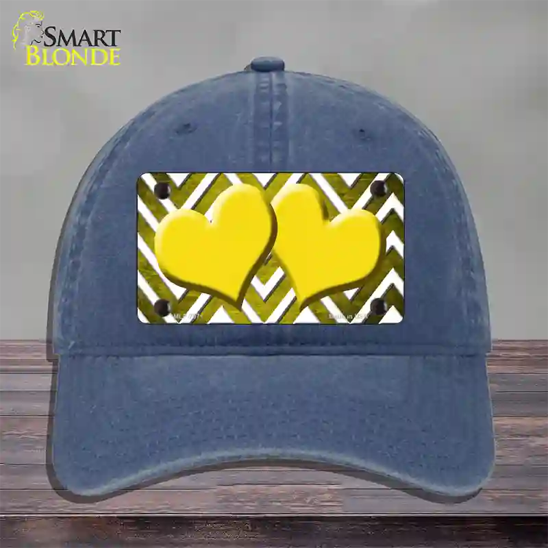 Yellow White Hearts Chevron Oil Rubbed Novelty License Plate Hat Unconstructed Cotton / Navy