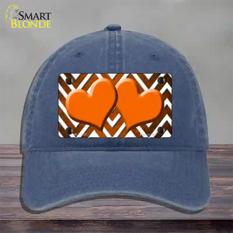 Orange White Hearts Chevron Oil Rubbed Novelty License Plate Hat Unconstructed Cotton / Navy