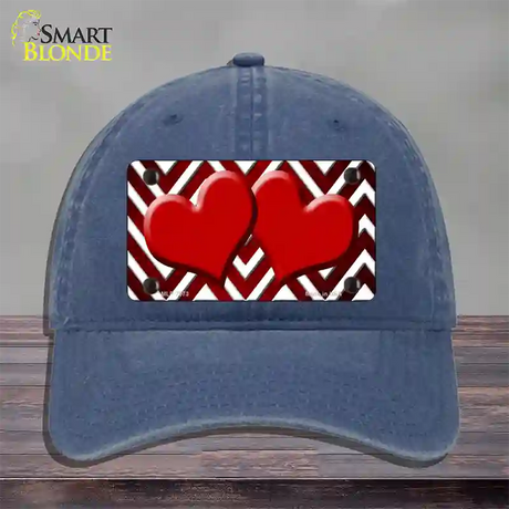 Red White Hearts Chevron Oil Rubbed Novelty License Plate Hat Unconstructed Cotton / Navy