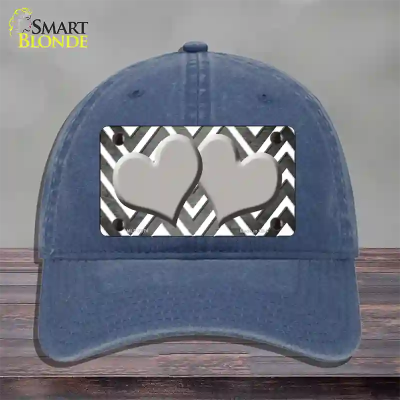 Gray White Hearts Chevron Oil Rubbed Novelty License Plate Hat Unconstructed Cotton / Navy