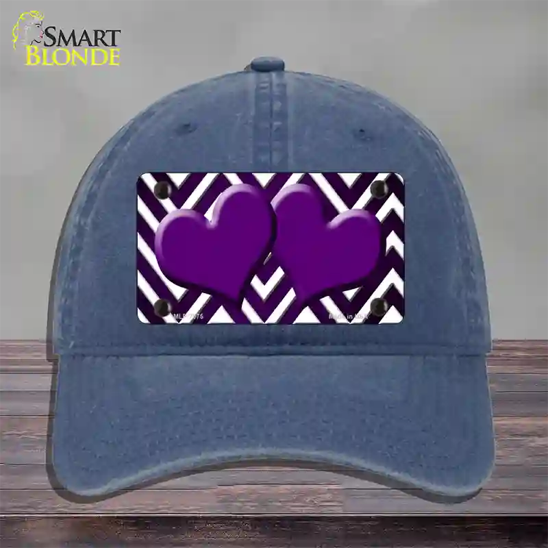 Purple White Hearts Chevron Oil Rubbed Novelty License Plate Hat Unconstructed Cotton / Navy