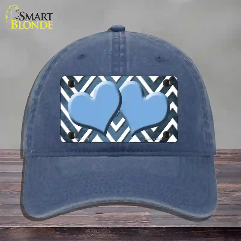 Light Blue White Hearts Chevron Oil Rubbed Novelty License Plate Hat Unconstructed Cotton / Navy