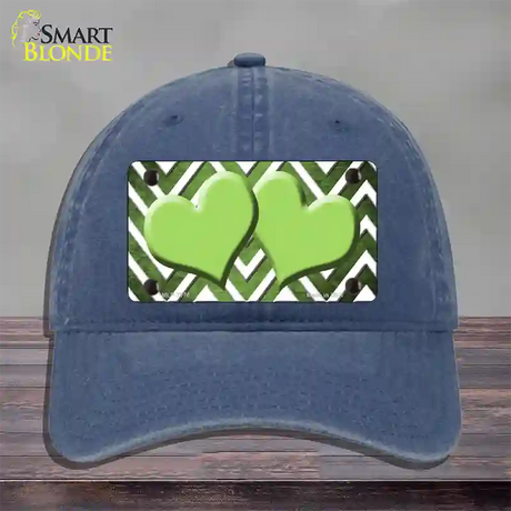 Lime Green White Hearts Chevron Oil Rubbed Novelty License Plate Hat Unconstructed Cotton / Navy