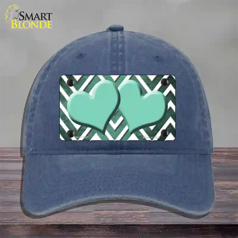 Mint White Hearts Chevron Oil Rubbed Novelty License Plate Hat Unconstructed Cotton / Navy