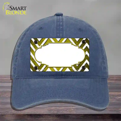 Yellow White Chevron Scallop Oil Rubbed Novelty License Plate Hat Unconstructed Cotton / Navy