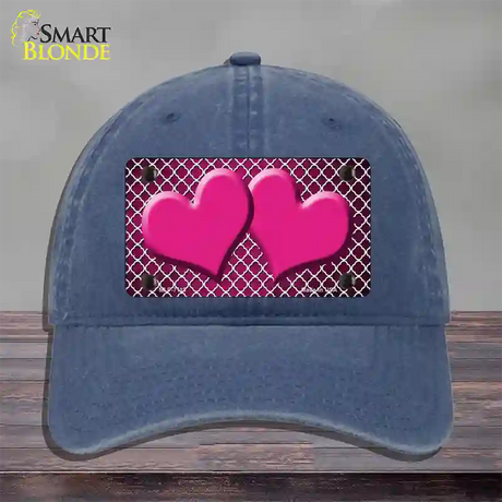 Pink White Quatrefoil Hearts Oil Rubbed Novelty License Plate Hat Unconstructed Cotton / Navy